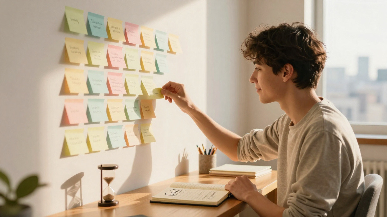 Pessoa a organizar notas coloridas coladas numa parede num ambiente de estudo ou trabalho iluminado pelo sol.