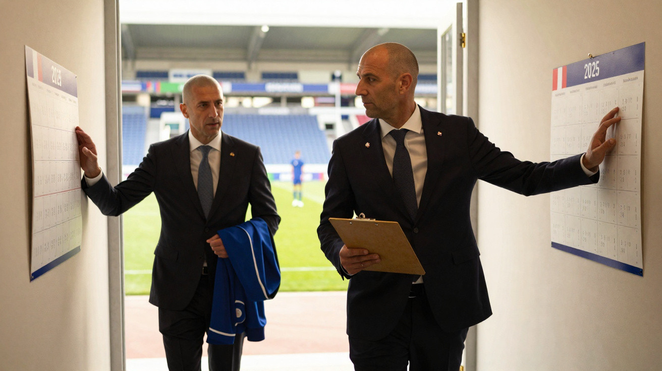 Dois homens de fato, um com prancheta, consultam calendários de 2025 enquanto caminham num túnel para um estádio de futebol.