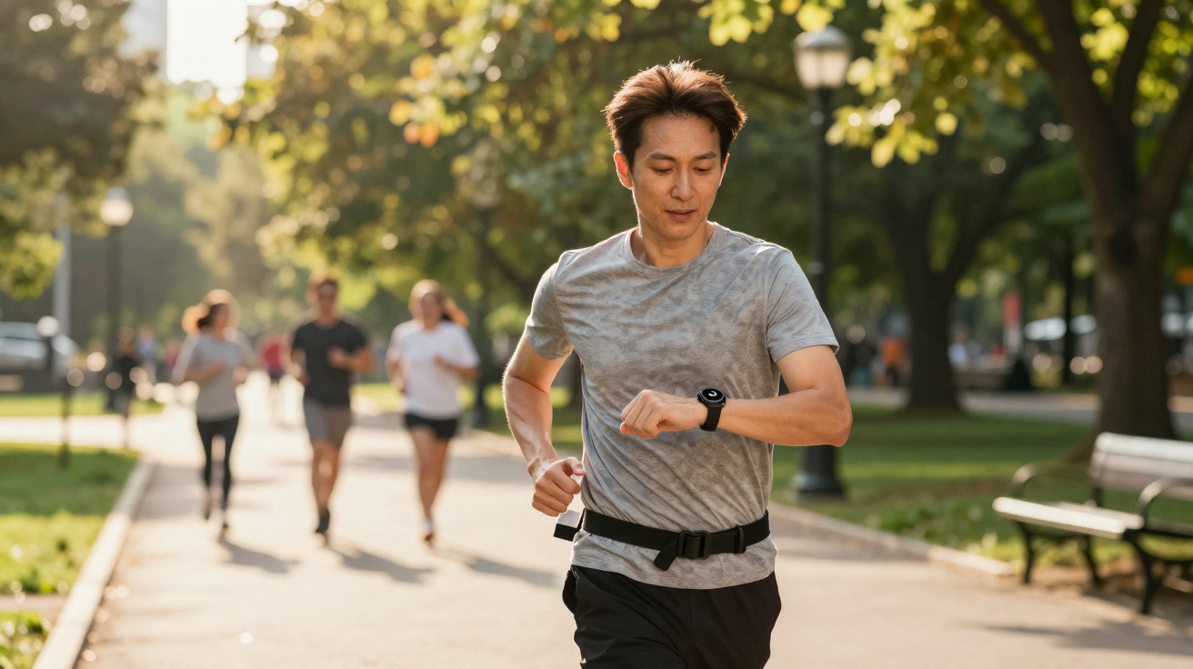 Homem a correr num parque durante o dia, a olhar para o relógio de pulso enquanto outras pessoas correm ao fundo.