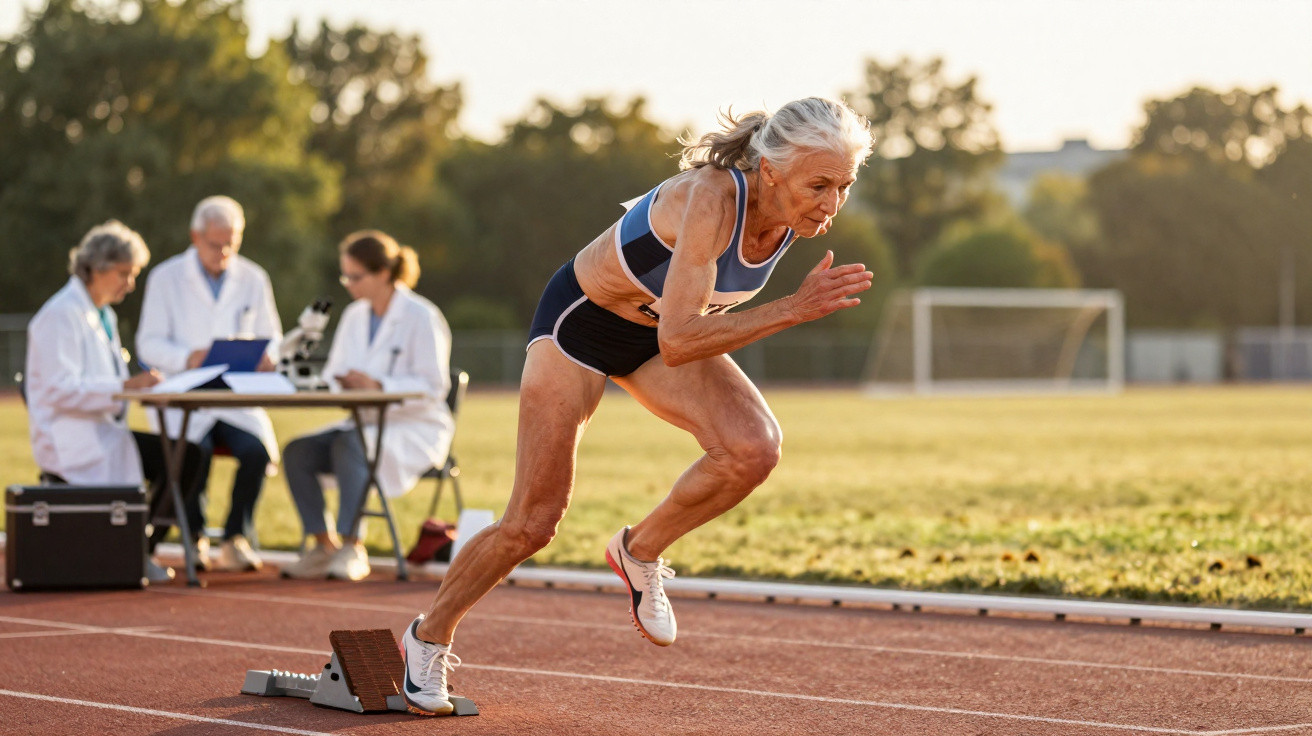 Senhora idosa a iniciar corrida numa pista de atletismo, com médicos a observar e anotar dados ao fundo.