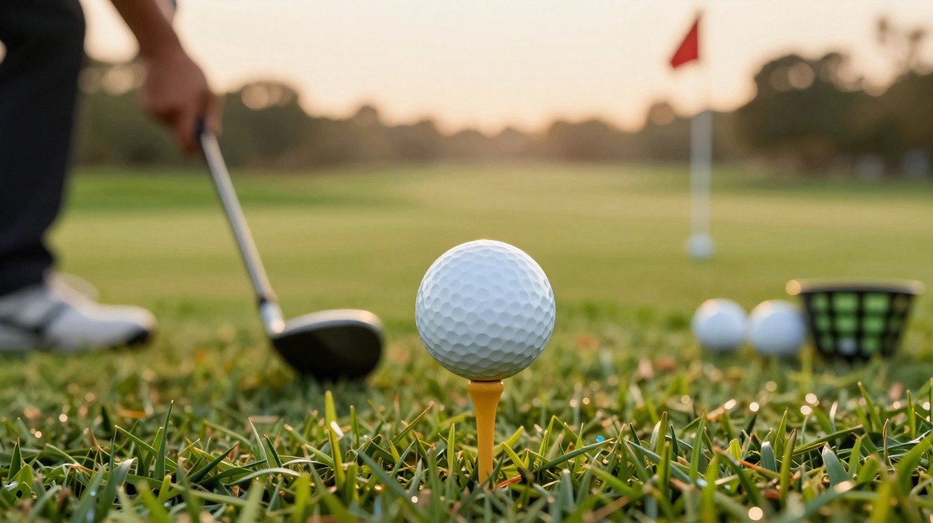 Bola de golfe num tee com jogador pronto a dar a tacada num campo verde ao pôr do sol.