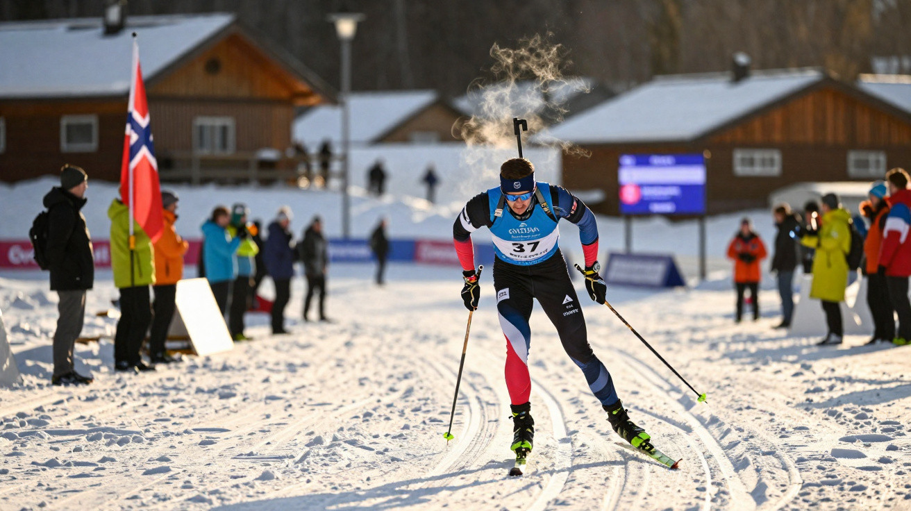 Atleta de biatlo em competição na neve, com espectadores e bandeira da Noruega ao lado.