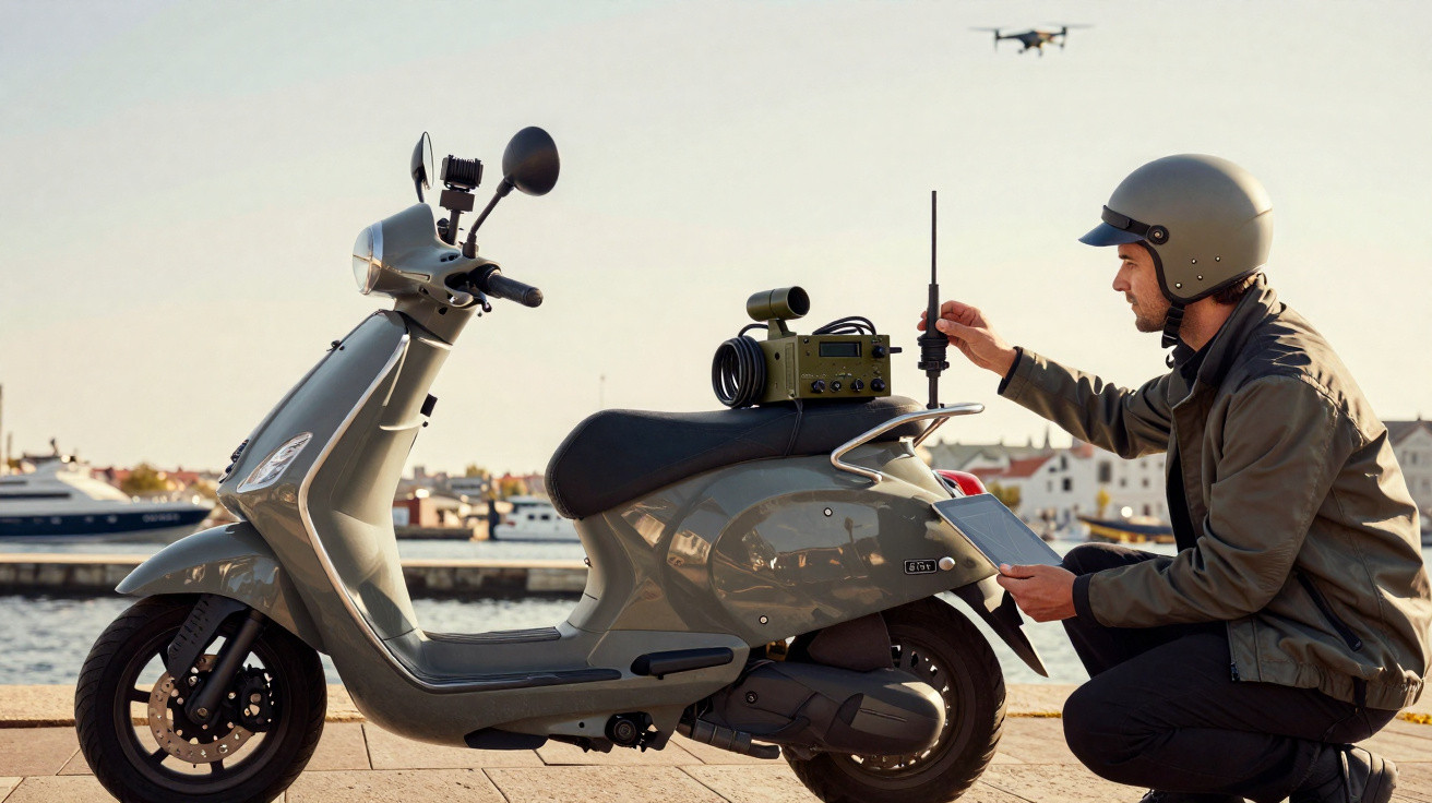 Homem com capacete ajusta equipamento em scooter junto a rio, com drone a voar ao fundo.