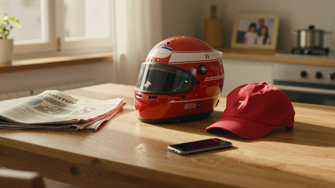 Capacete vermelho de piloto, boné vermelho com número 7, telemóvel e jornal numa mesa de cozinha.