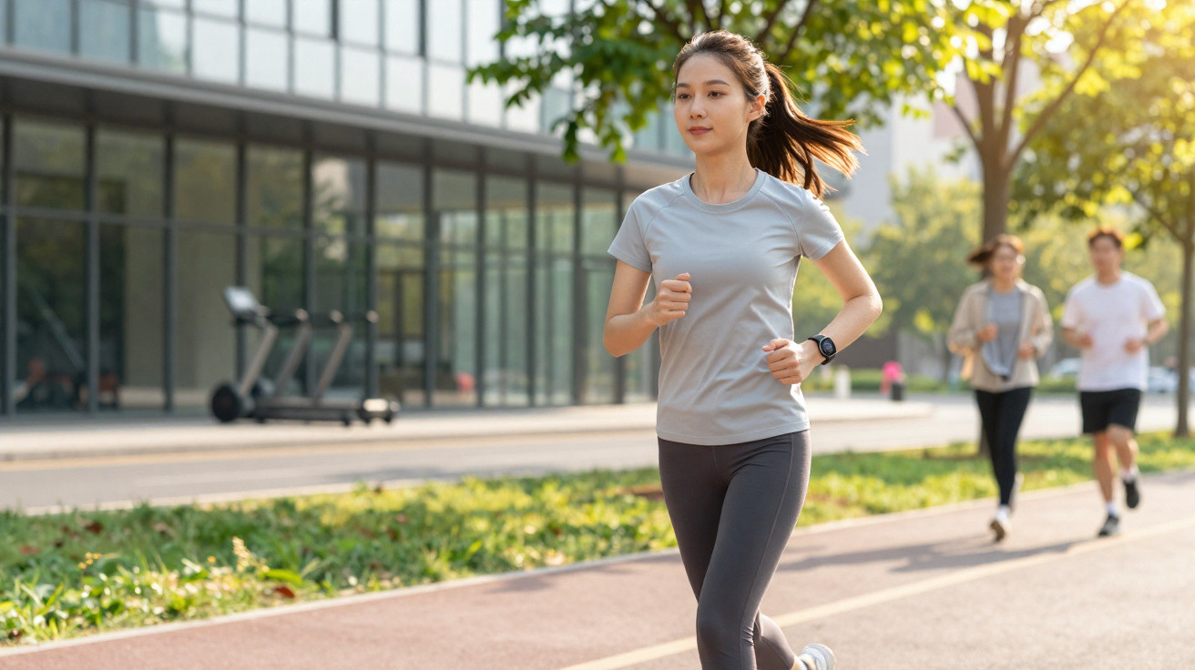 Mulher jovem a correr num parque urbano com árvores e outras duas pessoas a correr ao fundo.