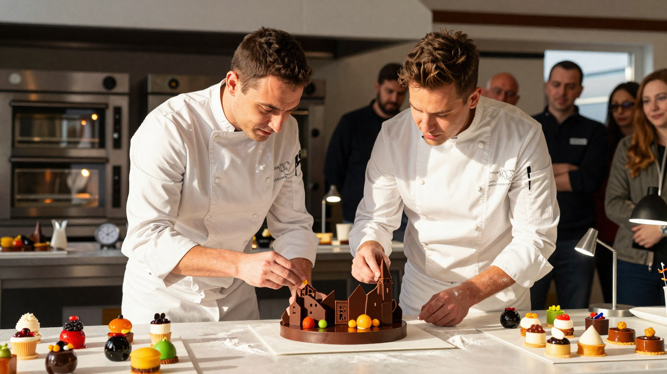 Dois chefs a decorar uma sobremesa elaborada numa cozinha profissional, com várias sobremesas pequenas à volta.