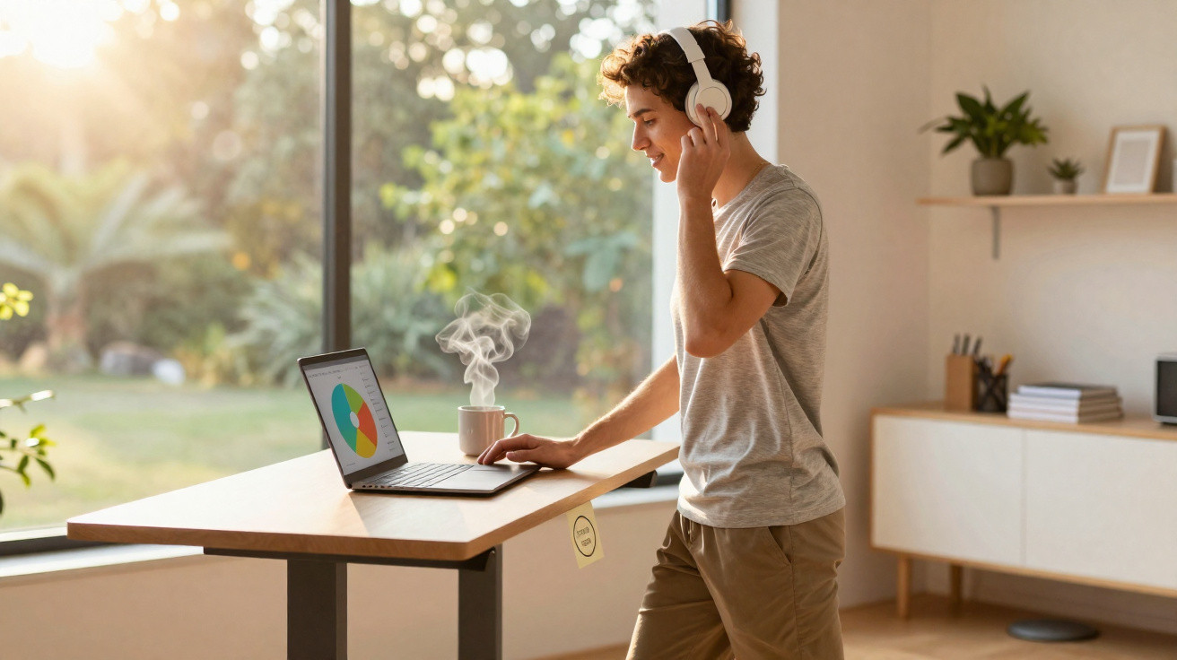 Jovem de pé junto a secretária ajustável, usando auscultadores e a trabalhar num computador portátil em casa.