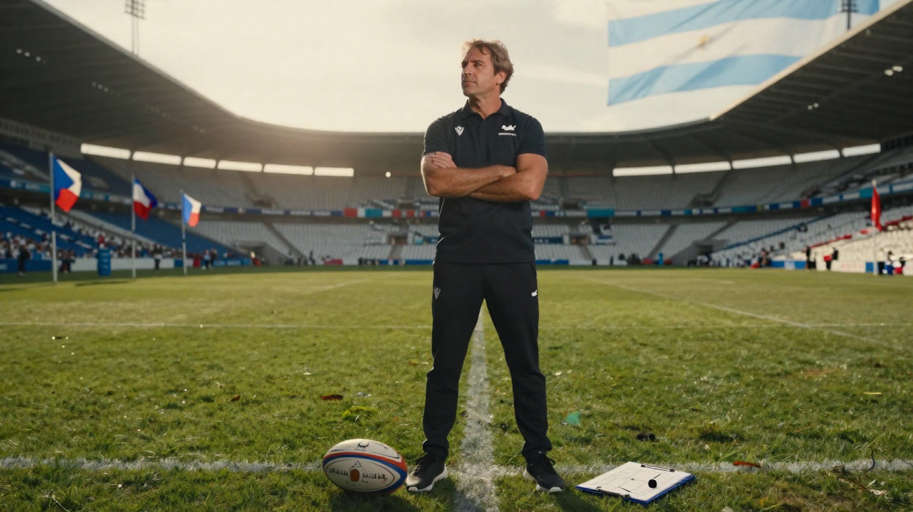 Treinador de rugby em campo com braços cruzados, bola de rugby e prancheta no relvado.