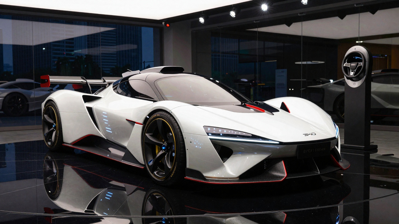 Carro desportivo elétrico branco com detalhes pretos e vermelhos numa sala de exposição moderna.