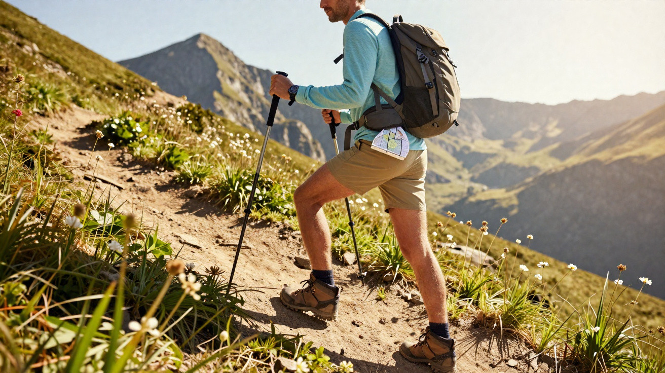 Homem a caminhar numa trilha montanhosa com bastões de trekking e mochila, em dia ensolarado.