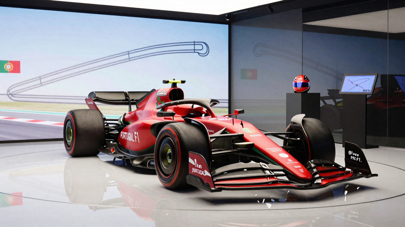 Carro de Fórmula 1 vermelho da equipa Portugal F1 em exposição com capacete e ecrãs ao fundo.