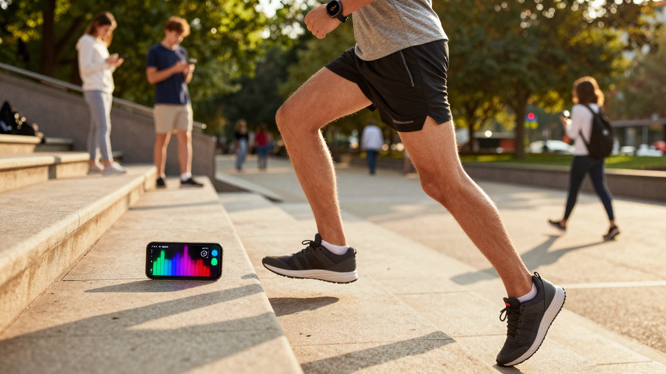 Pessoa a fazer exercício a subir degraus numa área urbana com telemóvel apoiado perto.