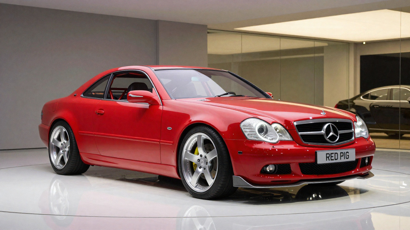 Carro desportivo Mercedes-Benz vermelho brilhante estacionado em piso branco num salão moderno.
