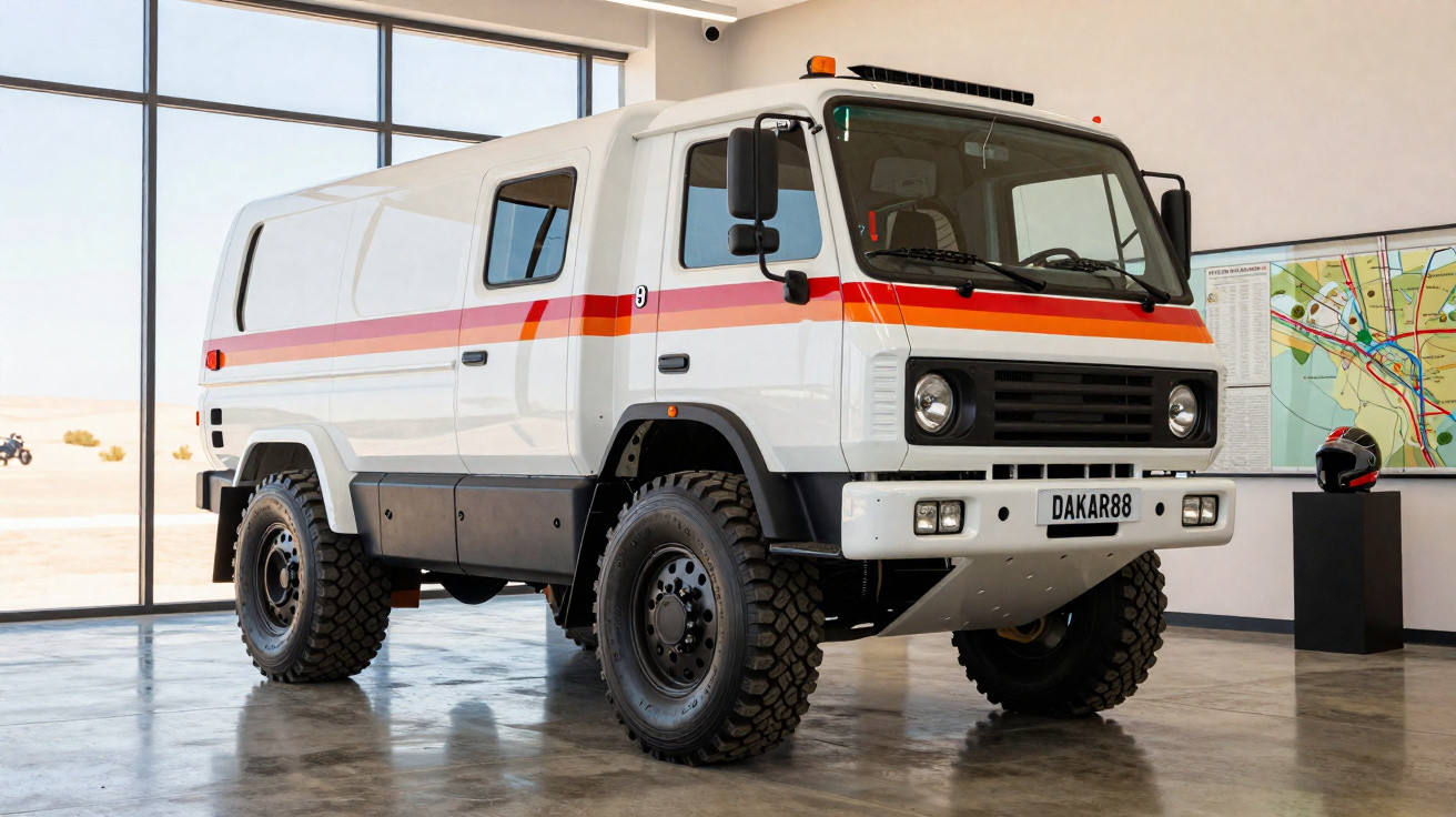Veículo off-road branco com faixa laranja e vermelha, pneus grandes, exposto em interior com janela ampla.