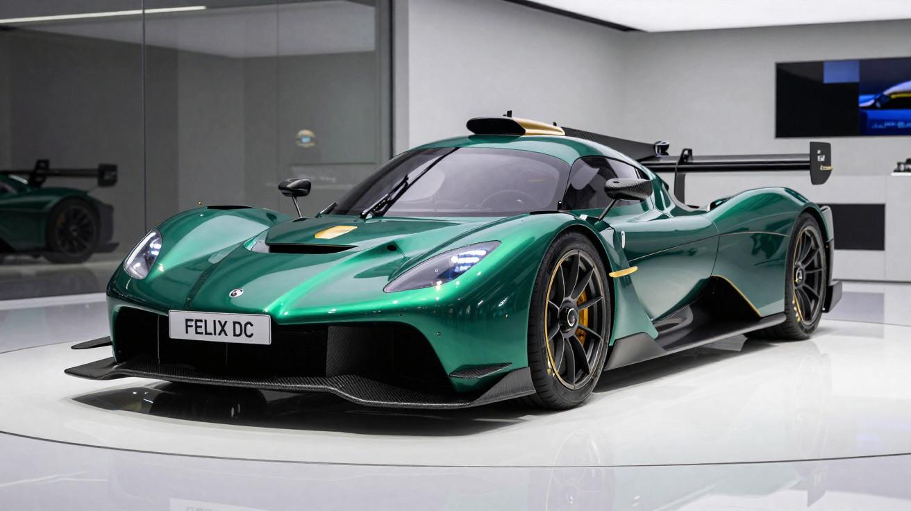 Carro desportivo verde metálico com design aerodinâmico exposto em sala moderna e luminosa.