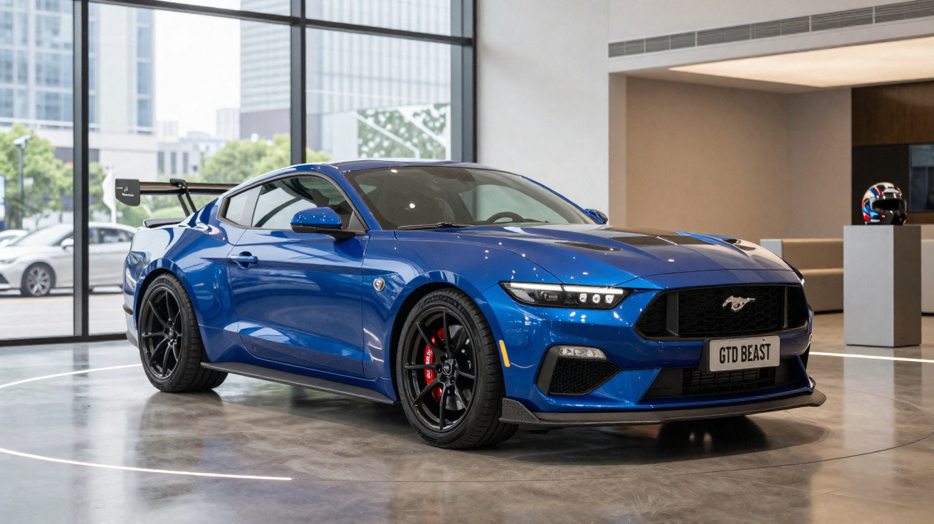 Carro desportivo azul Ford Mustang GTD Beast estacionado em interior moderno com jantes pretas e asa traseira.