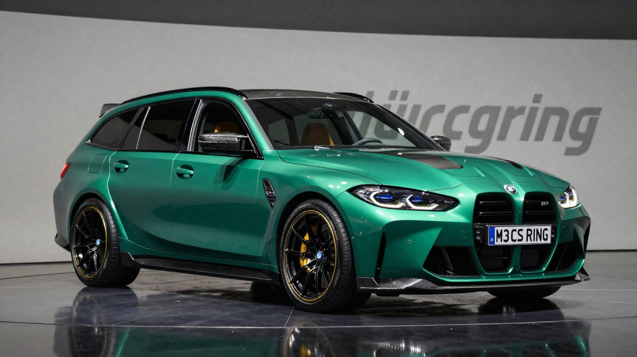Carro desportivo BMW M3 Touring verde metálico com jantes negras e travões amarelos em exibição.