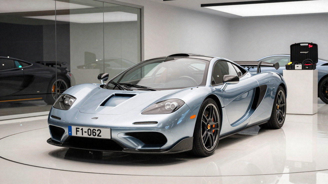 Carro desportivo azul metálico num showroom moderno com piso branco e paredes de vidro.