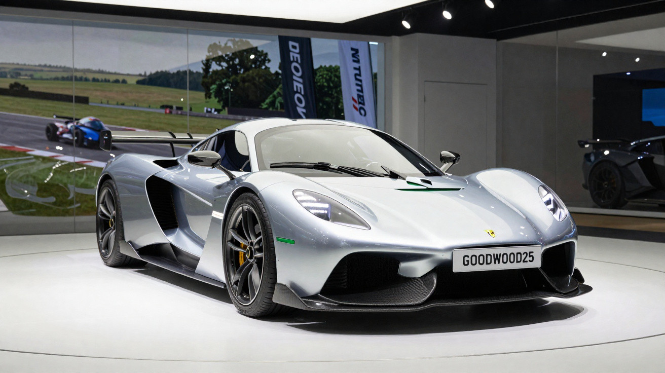 Carro desportivo cinzento com linhas aerodinâmicas exposto em salão automóvel.