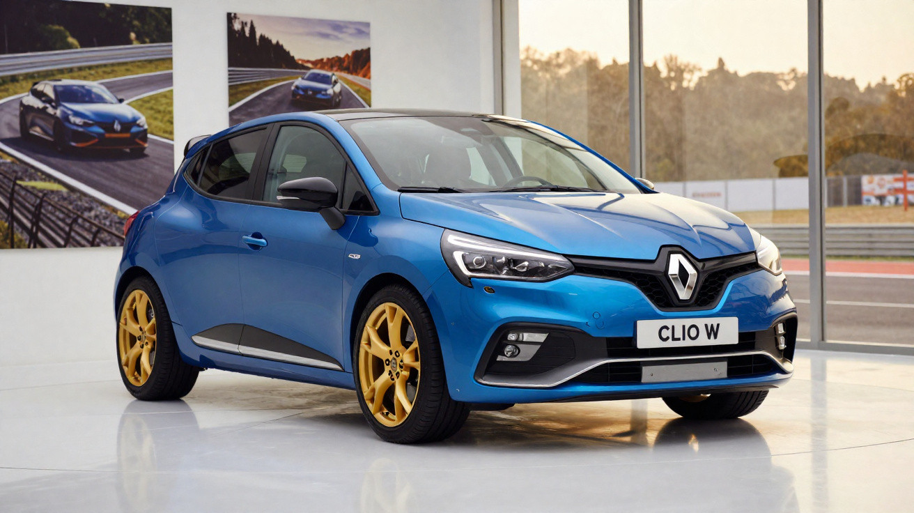 Carro Renault Clio W azul com jantes douradas exposto em sala de vidro iluminada pelo sol.