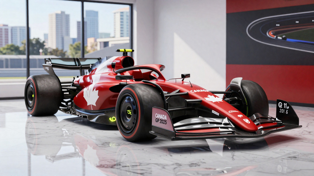 Carro de Fórmula 1 vermelho com símbolos do Canadá exposto num ambiente moderno com cidade ao fundo.