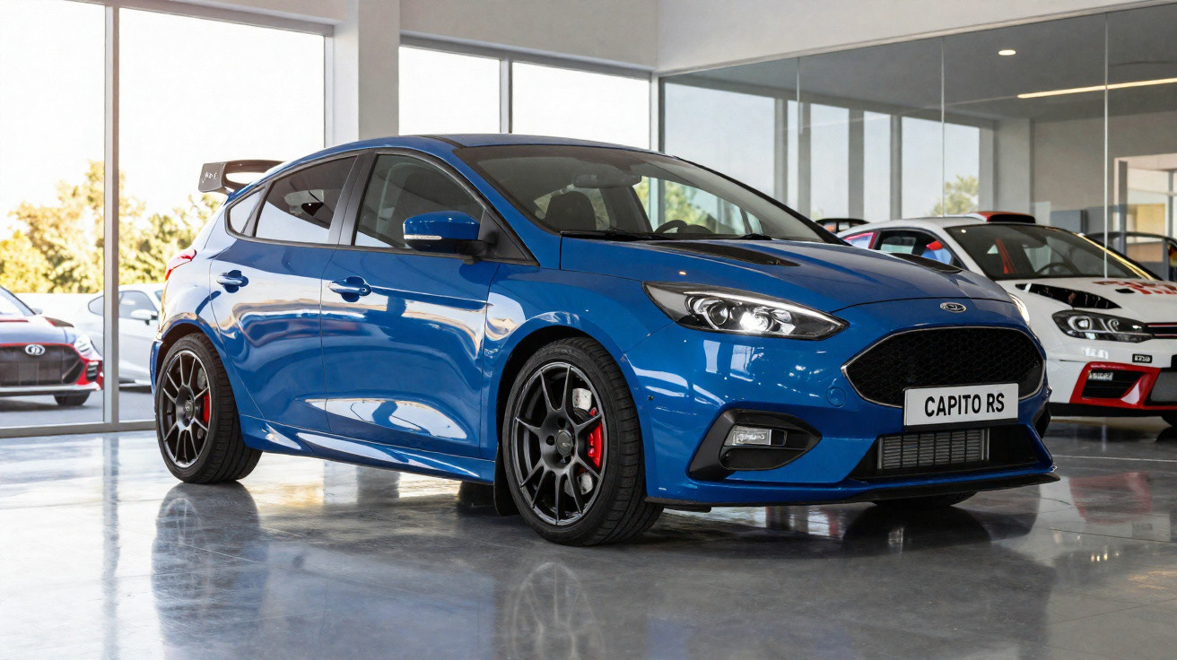 Carro desportivo Ford Focus RS azul exposto em sala de exposição com piso de cimento polido.