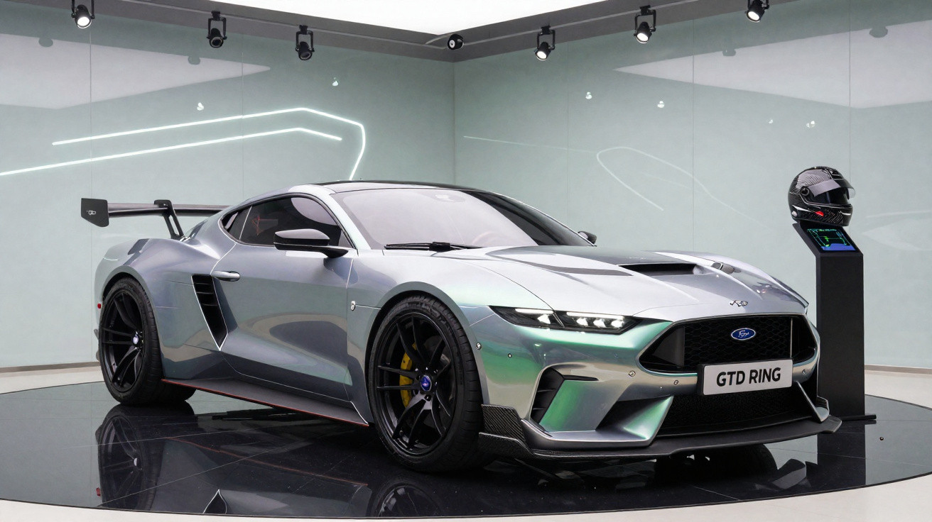 Carro desportivo prateado Ford Mustang GTD Ring com asa traseira em exposição interior com capacete ao lado.