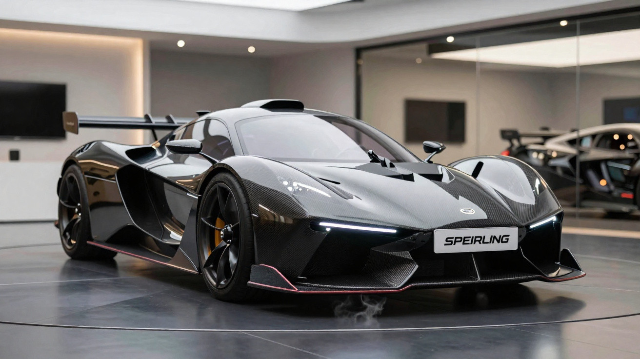Carro desportivo preto em fibra de carbono com design futurista, exibido numa sala moderna e iluminada.
