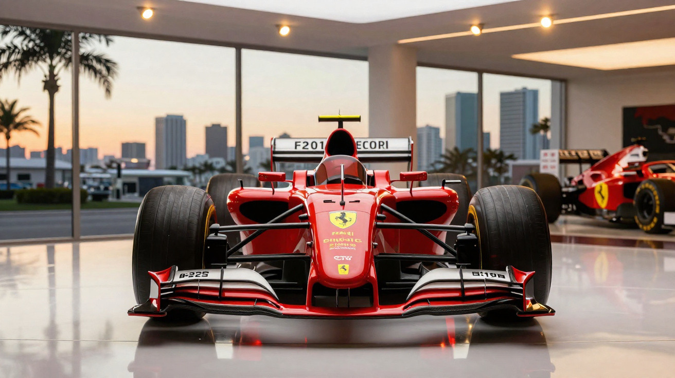 Carro de Fórmula 1 vermelho da Ferrari exposto num espaço interior com vista para a cidade ao anoitecer.