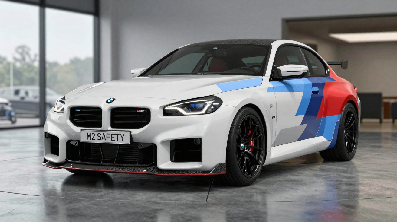 Carro desportivo BMW M2 branco com detalhes em azul, cinza e vermelho, em interior moderno com chão de cimento.