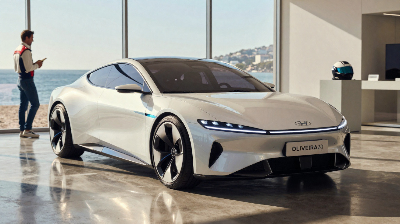 Carro desportivo elétrico branco estacionado em interior com parede de vidro e vista para o mar.