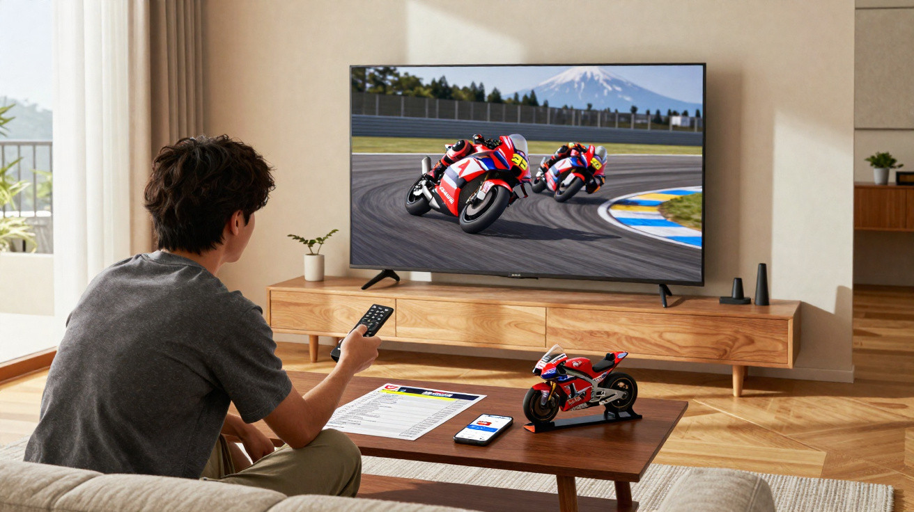 Jovem sentado a ver corrida de motas numa televisão com miniatura de mota e documentos na mesa à frente.