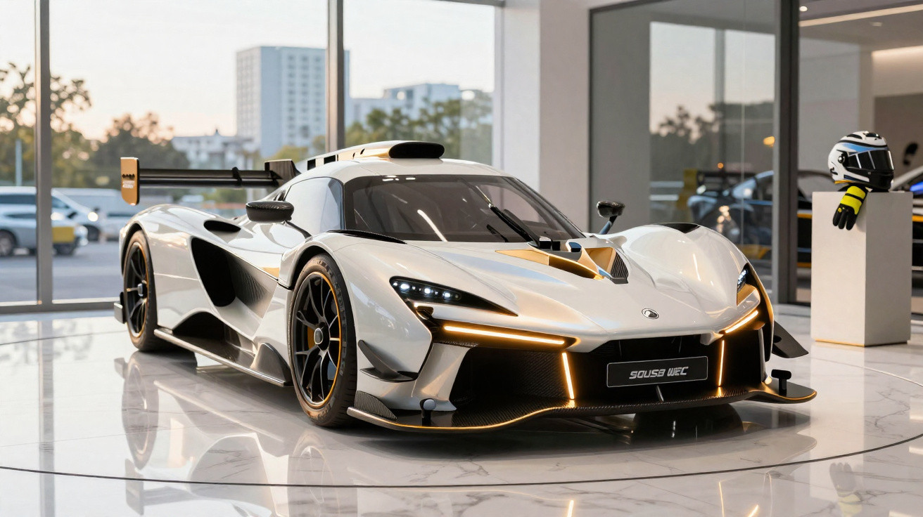 Carro desportivo branco com detalhes pretos exposto em interior moderno com chão de mármore.