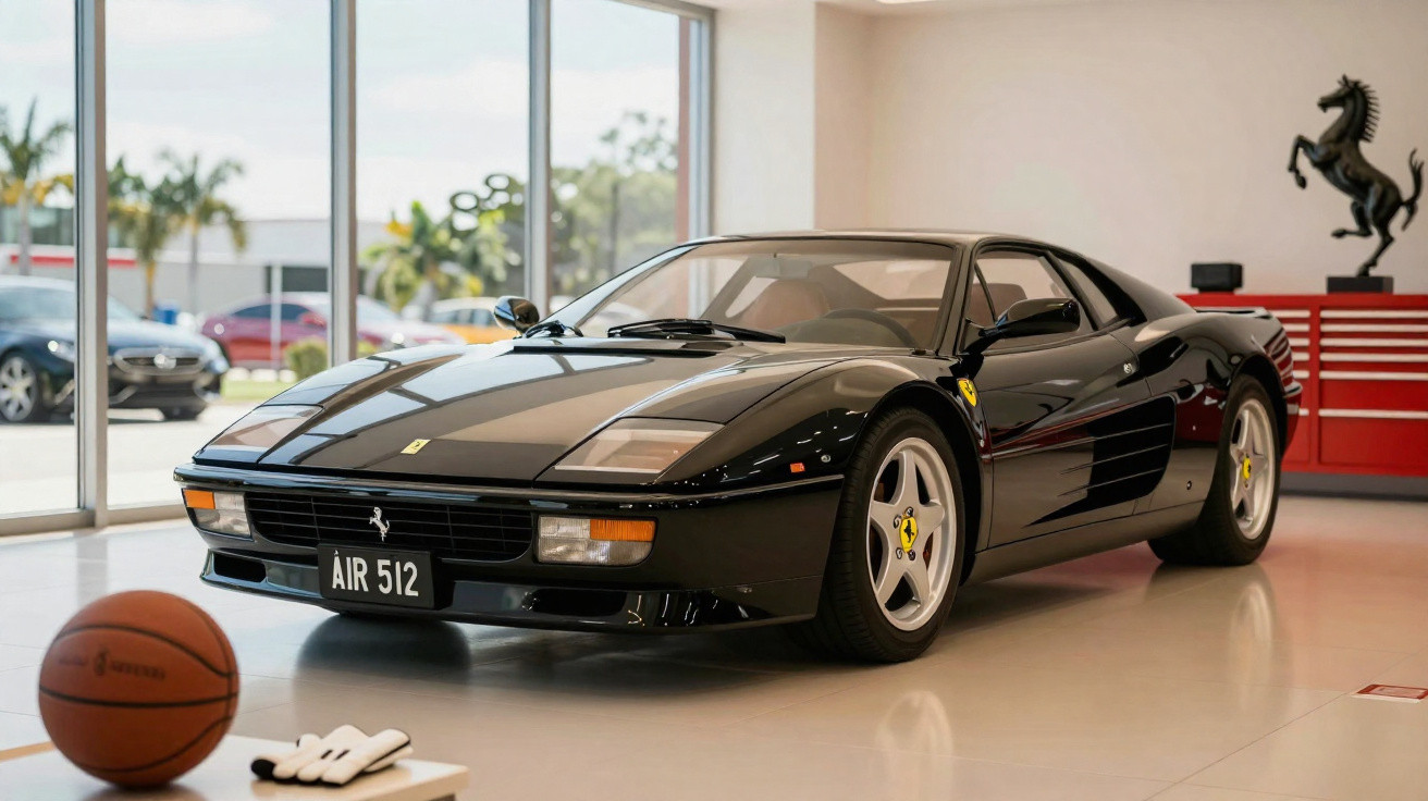 Ferrari preta clássica estacionada em showroom com bola de basquetebol e luvas no chão.