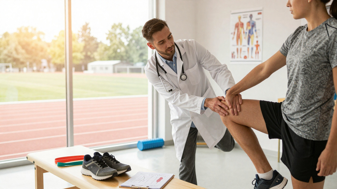 Médico fisioterapeuta a examinar o joelho de um atleta em consultório com vista para pista de corrida.