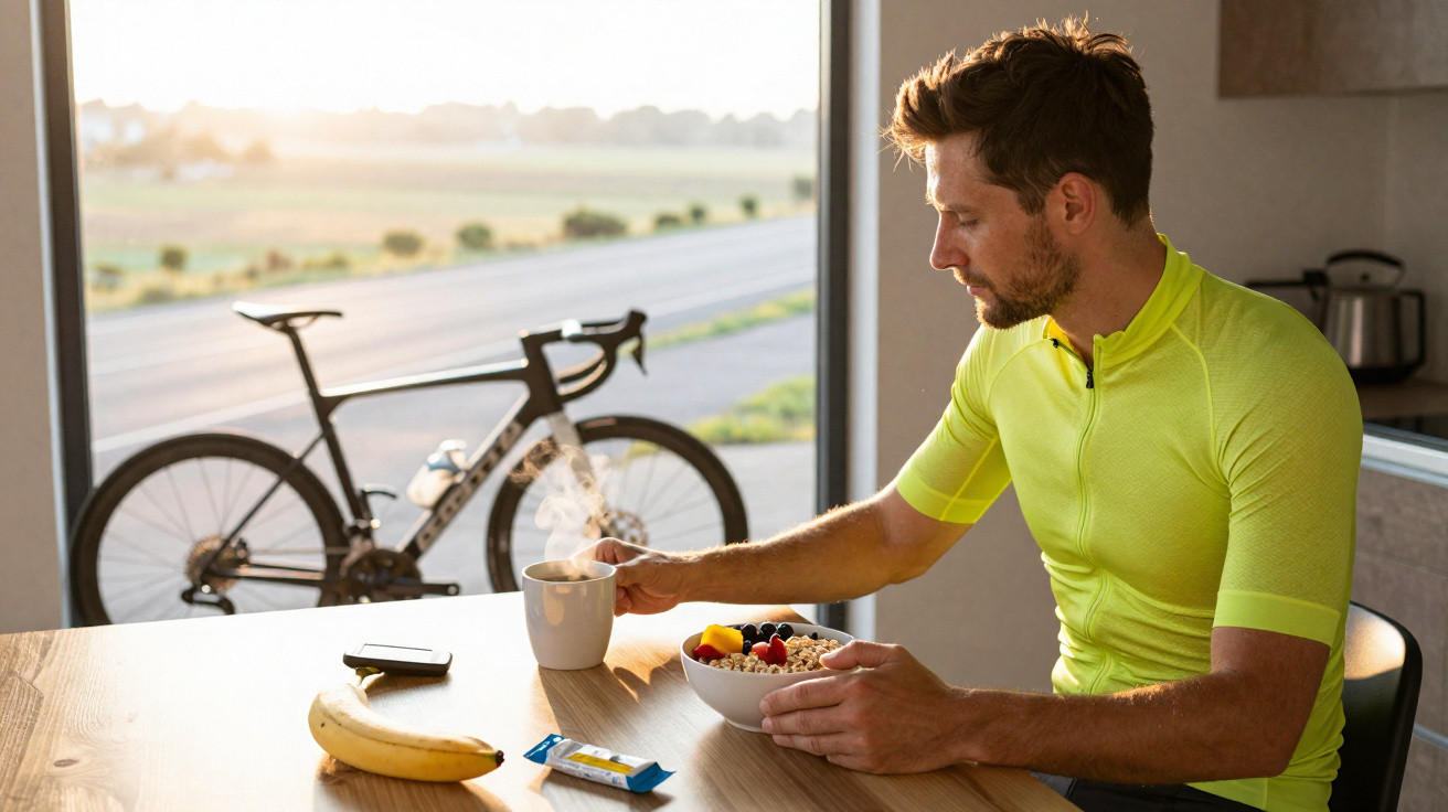 Homem de camisola amarela a tomar pequeno-almoço com bicicleta ao fundo junto a janela.