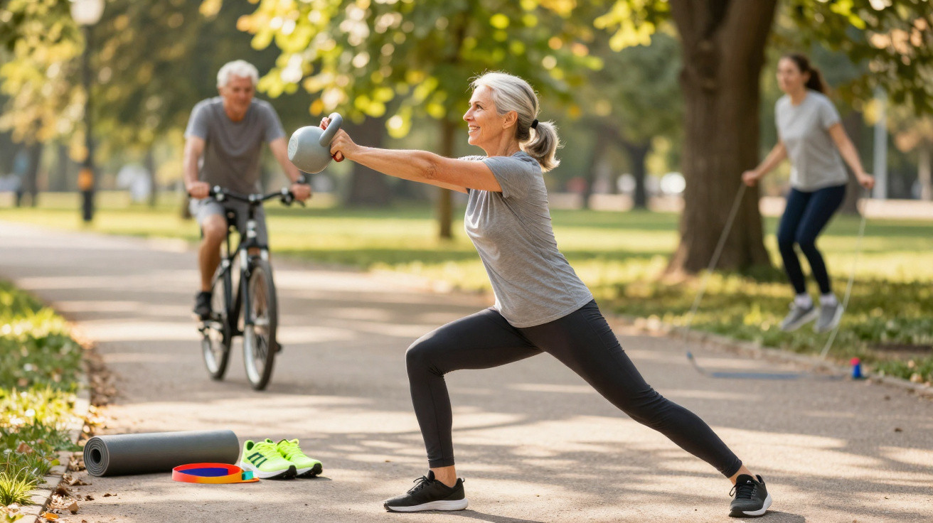 Mulher sénior a fazer exercício com kettlebell num parque enquanto outras pessoas praticam atividades físicas ao fundo.