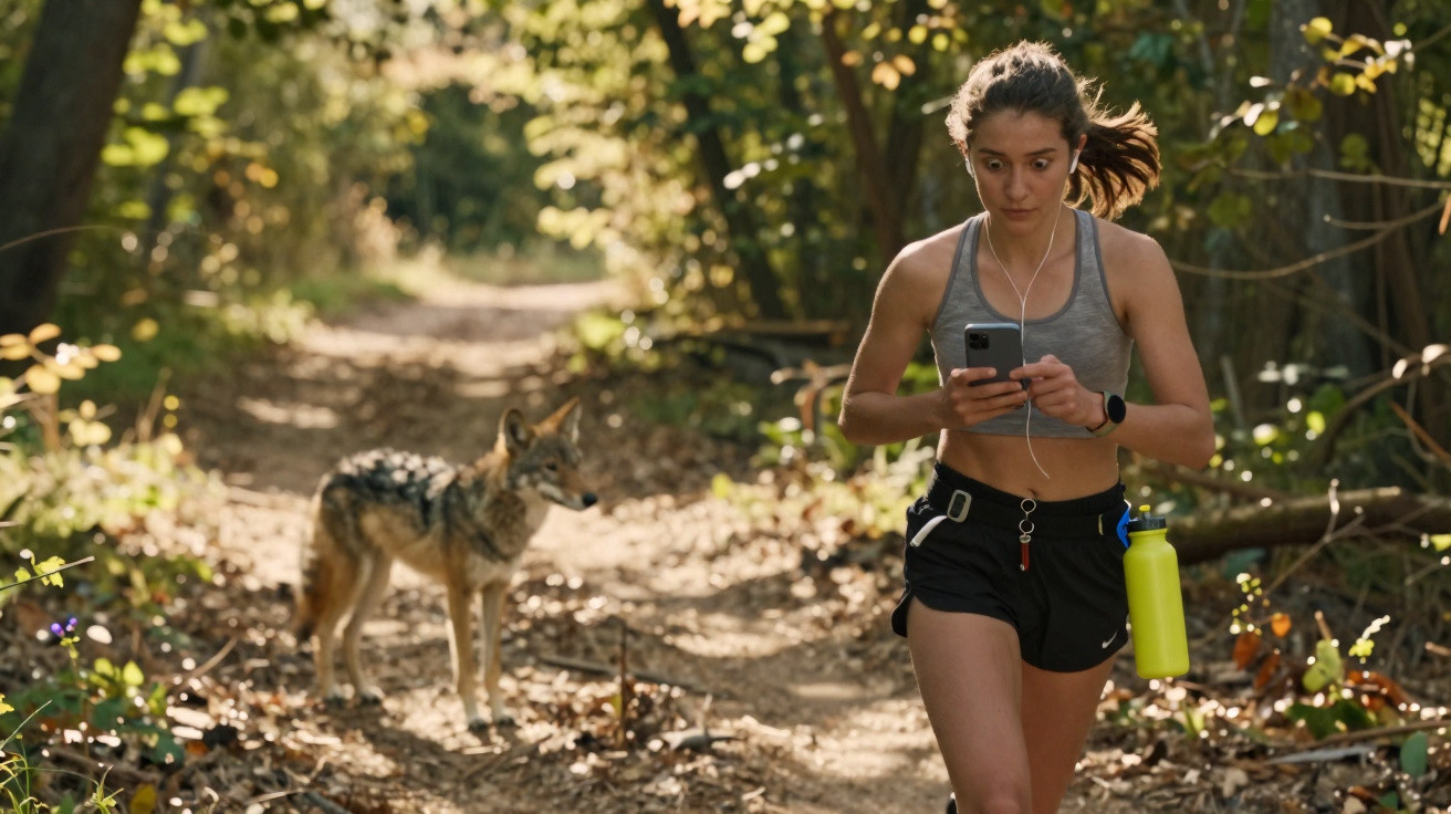 Mulher com roupa de desporto corre numa floresta enquanto olha para o telemóvel, com um cão selvagem atrás.