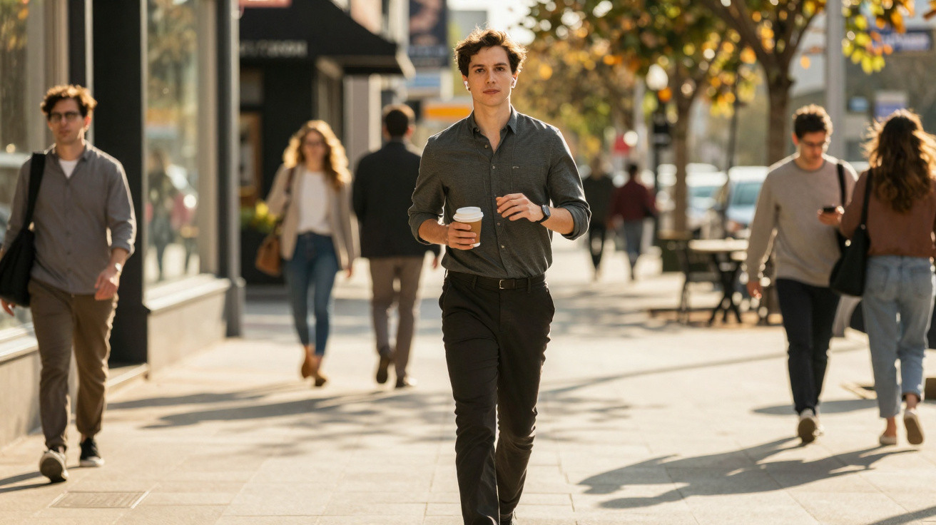 Homem jovem com camisa escura e café na mão a caminhar numa rua movimentada de cidade com outras pessoas.