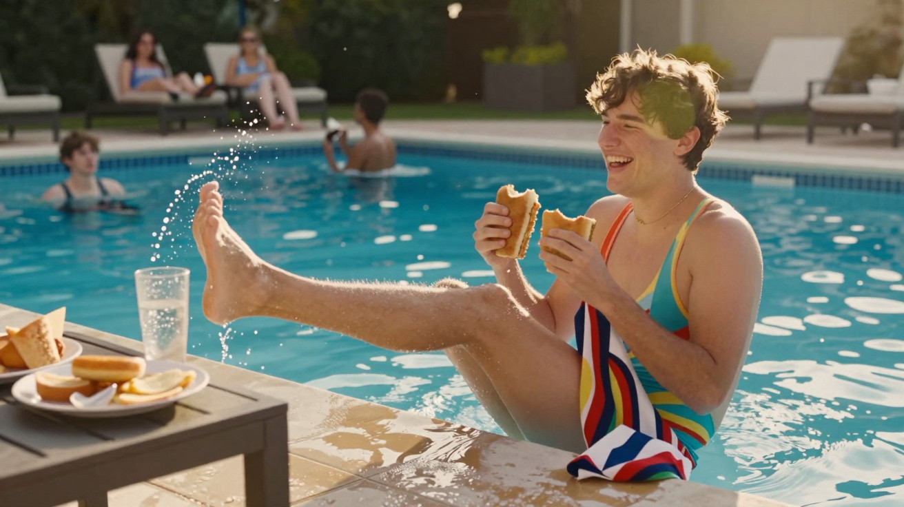 Jovem sorridente com fato de banho colorido sentado à beira da piscina a comer dois cachorros-quentes.