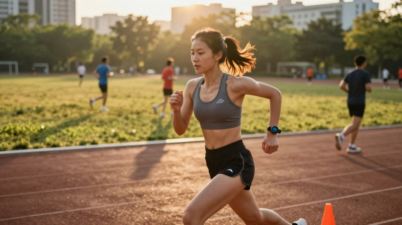 Mulher jovem a correr numa pista de atletismo ao entardecer, com outros corredores ao fundo.