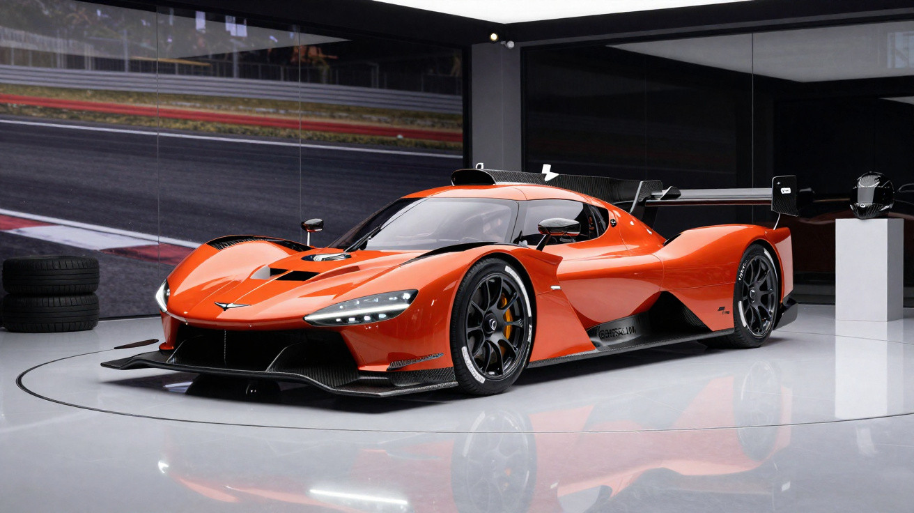 Carro desportivo laranja com design aerodinâmico exposto em espaço interior moderno e minimalista.