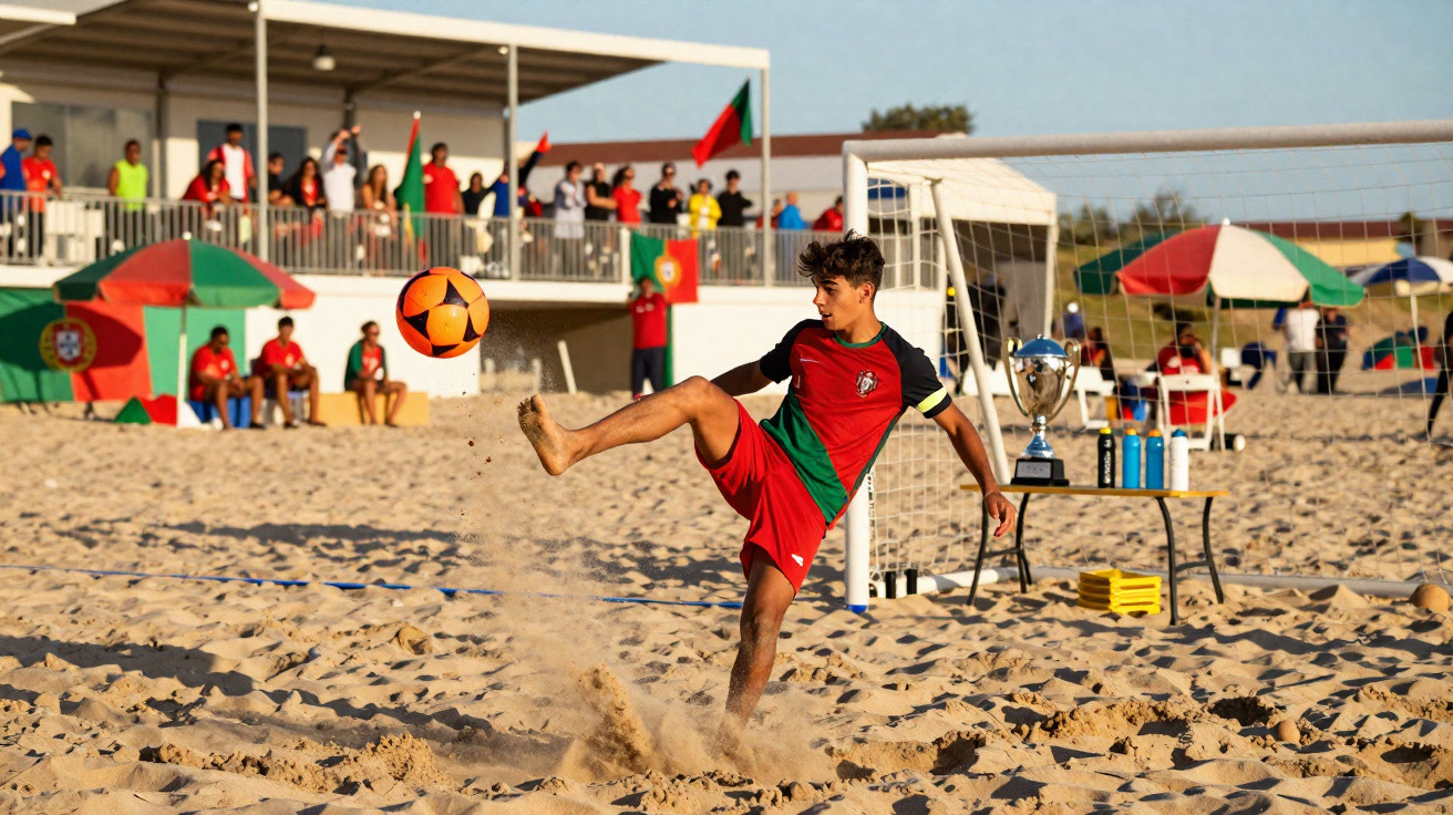 Jovem a chutar uma bola de futebol de praia durante jogo com público e bandeiras de Portugal ao fundo.