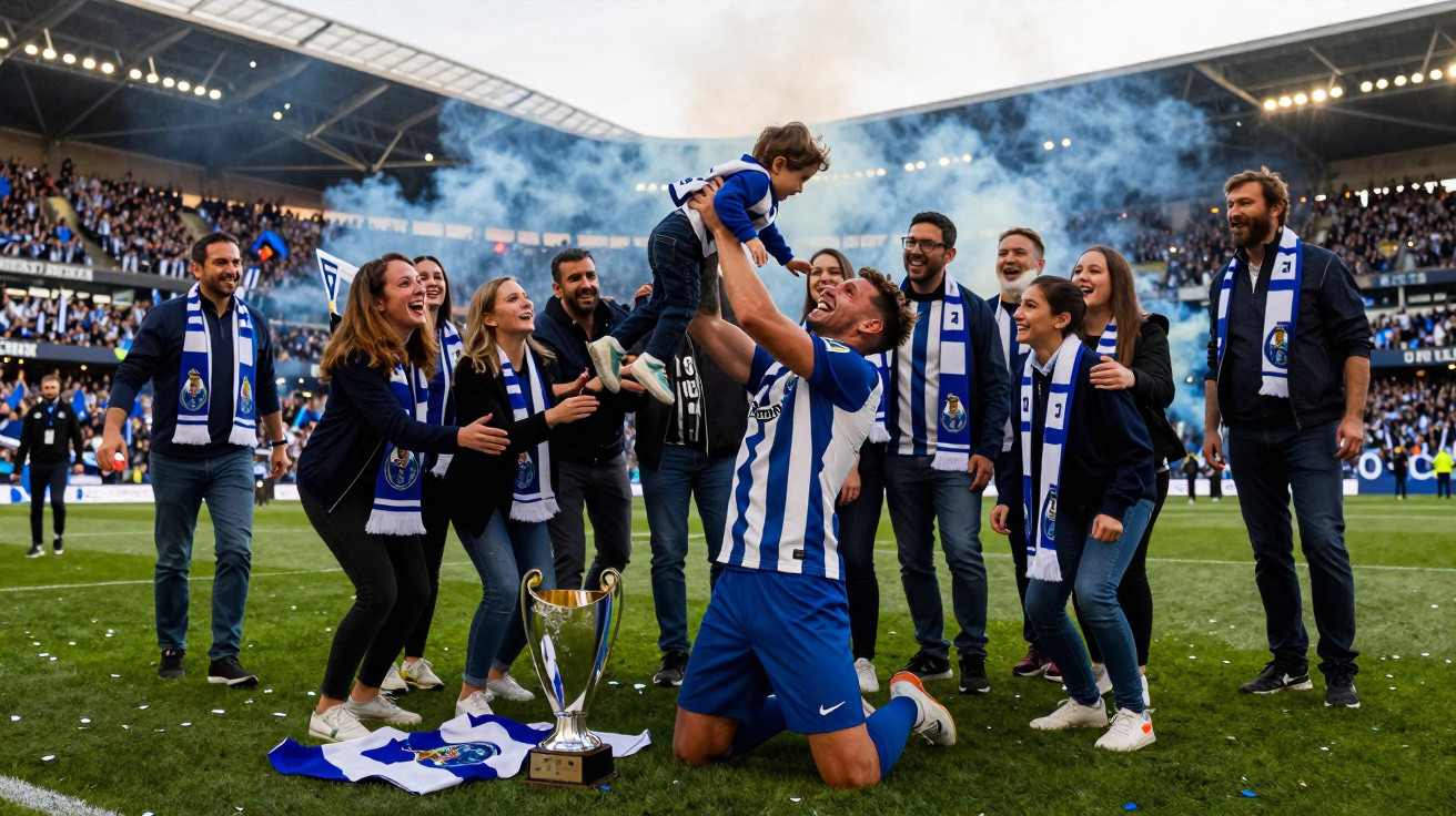 Jogador do FC Porto celebra com criança e grupo de adeptos num campo de futebol com troféu à frente.