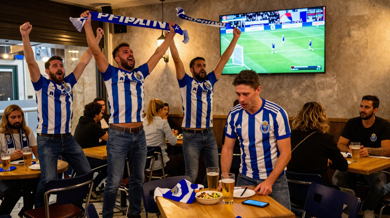 Adeptos do FC Porto a festejar golos num café enquanto assistem a uma partida de futebol na televisão.