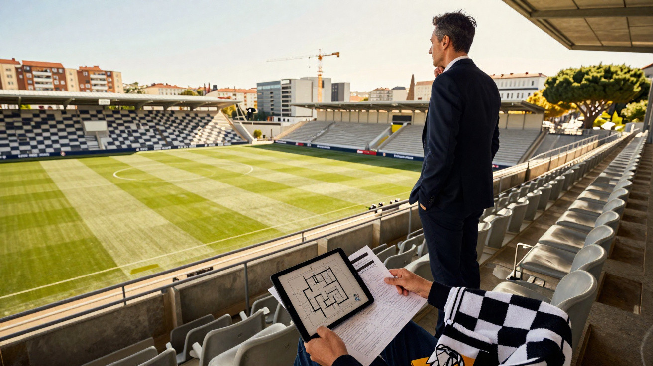 Homem de fato a analisar estádio de futebol vazio com planta de arquitetura e documento na mão.