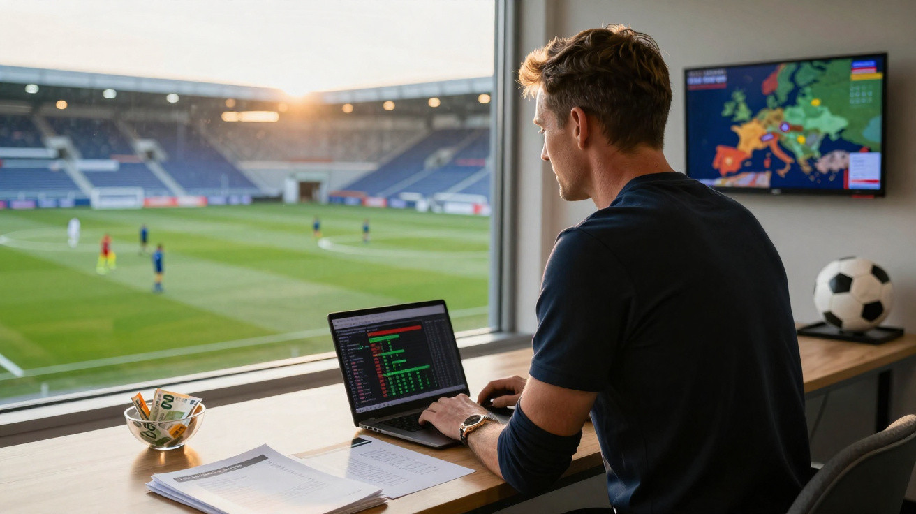 Homem a analisar dados num portátil com vista para um estádio de futebol e bola numa mesa ao lado.
