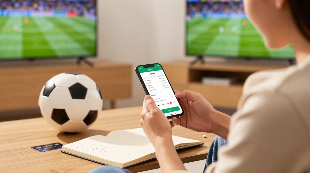 Pessoa a usar telemóvel para apostar em futebol, com bola, caderno e televisão com jogo de futebol ao fundo.