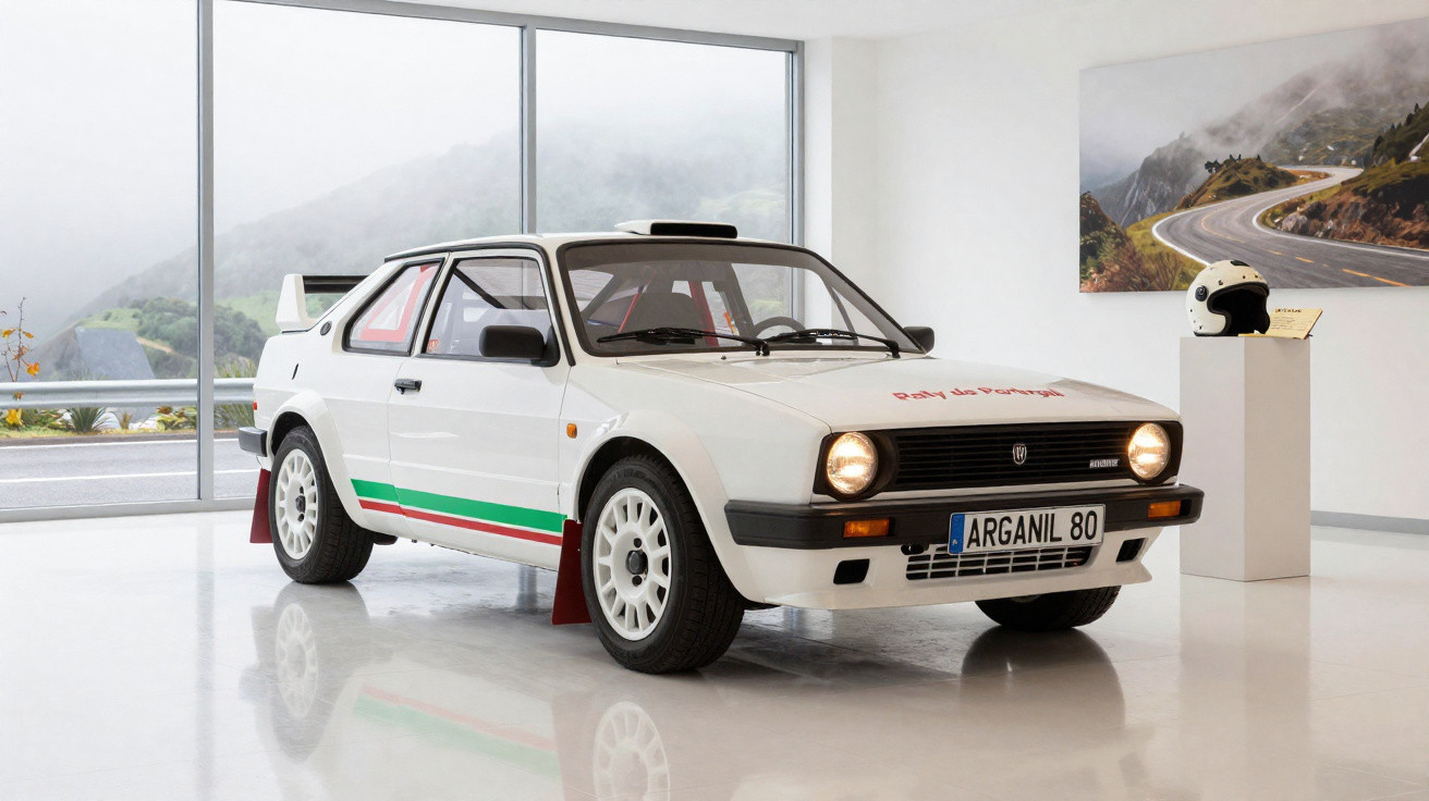 Carro de rali clássico branco com detalhes vermelhos e verdes, exposto em sala moderna com janela panorâmica.