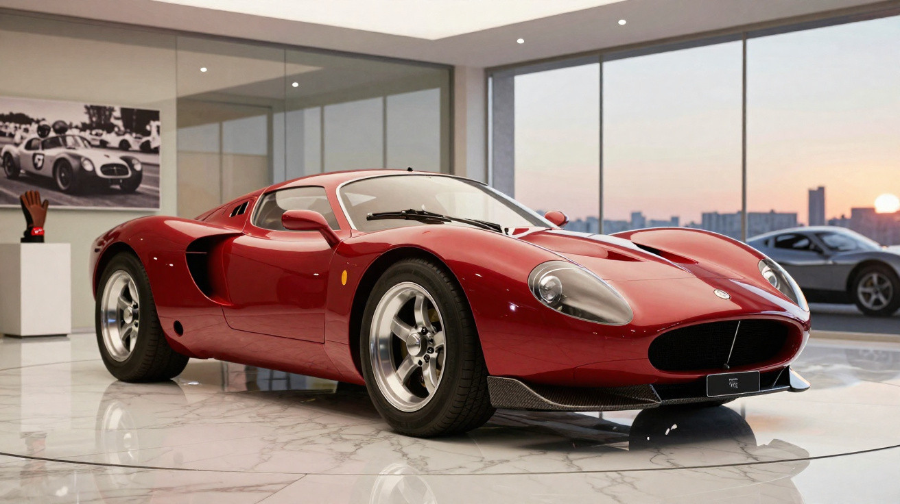 Carro desportivo clássico vermelho em exposição num espaço moderno com grandes janelas e vista urbana.